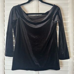 Ann Taylor Top Blouse Black Velvet 3/4 Sleeves Boat Neck Dressy Small